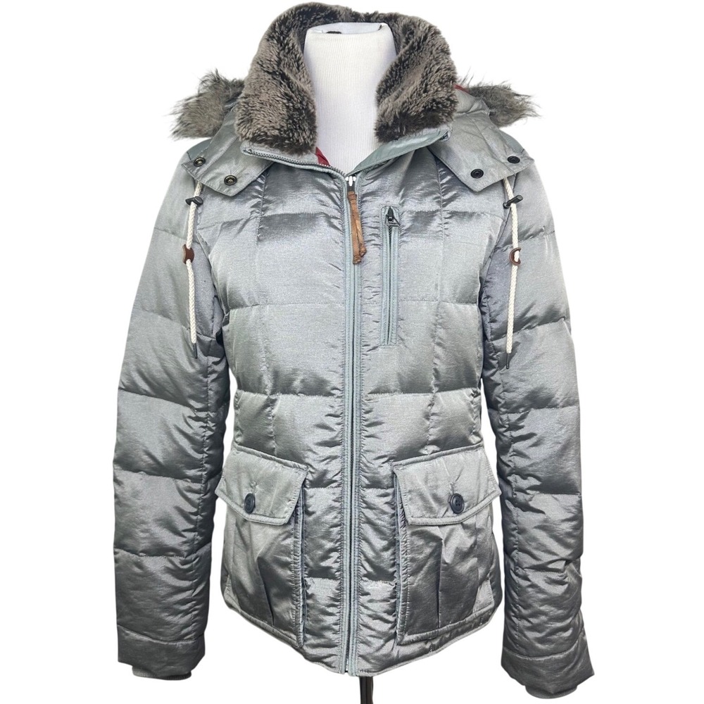 Eddie Bauer Yukon Model Down Puffer Jacket Silver Faux Fur Hood L11FN147 Women M